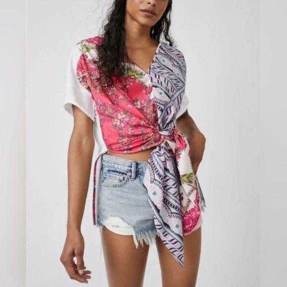 Free People Knot Me Floral Geometric Scarf Mix Media Tie-Front Blouse Top L - Picture 1 of 12